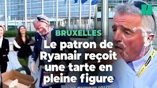 Le patron de Ryanair Michael O’Leary a reçu une tarte à la crème en pleine figure à Bruxelles [upl. by Noyr]