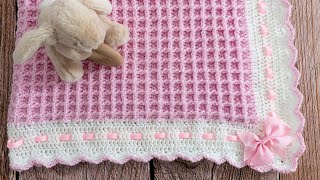 How to Crochet Waffle Stitch Baby Blanket Pretty amp EASY 2row repeat [upl. by Dnalyaw965]