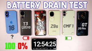 iPhone 16 vs vivo T3 Ultra vs vivo T3 Pro vs iQOO Z9s vs CMF Phone 1 vs GT 20 Pro Battery Drain Test [upl. by Ensign]