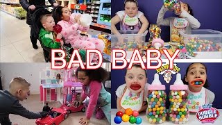 Toys AndMe  Bad Baby Bottle Bubble Gum Gumballs  Real Food Fight Messy Babies [upl. by Uta]