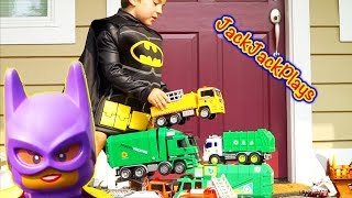 Opening Toy Trucks in Batman Costume Huge Surprise Unboxing with Garbage Vehicles  JackJackPlays [upl. by Idnyc]