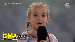 7yearold refugee sings Ukrainian national anthem l GMA [upl. by Ganny454]