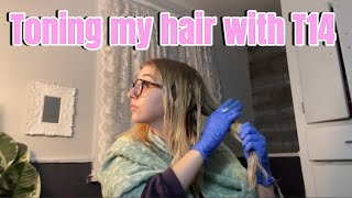 Toning my yelloworange hair with Wella t14 [upl. by Eatnoled]