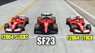 Ferrari F1 2023 vs Ferrari F1 2004 Slick Tyres vs Ferrari 2004 Stock  Monza GP [upl. by Nyladnar]