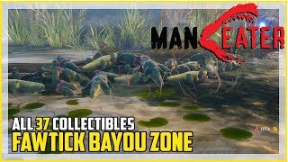 Maneater Fawtick Bayou All Collectible Locations Landmarks License Plates Nutrition Caches [upl. by Vez828]