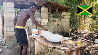 ⚠️WILD JAMAICAN OUTDOOR BUSH COOKING 🇯🇲 goat head  jerk pork breadfruit​⁠ Thehappyjamaican [upl. by Carolin512]