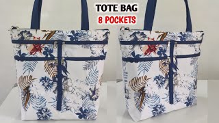 How to make a simple tote bag with 8 POCKETS at home  CLOTH BAG MAKING  DIY TOTE BAG WITH LINING [upl. by Ocnarfnaig]