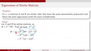 MATH 3191 Proof that Similar Matrices Have the Same Eigenvalues [upl. by Ellezaj]