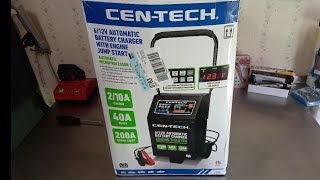 CenTech 21040200amp 612volt Automatic Battery Charger wEngine Jump Start  Item 63423  56422 [upl. by Bainter]