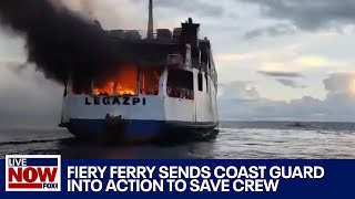 Boat on fire as flames send the Philippine Coast Guard into action  LiveNOW from FOX [upl. by Yarod]