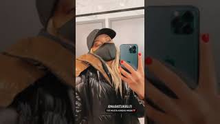 Blonde girl in a black shiny Moncler puffer jacket mask and cap Moncler Parana Selfie [upl. by Septima84]