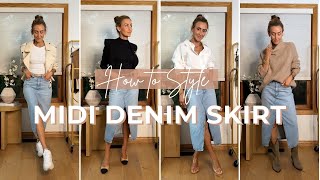 HOW TO STYLE A LONG DENIM SKIRT  8 Denim Skirt Outfit Ideas to Transition from Summer to Fall 🍂 [upl. by Irim]