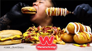 ASMR WIENERSCHNITZEL CHILI CHEESEBURGER amp PASTRAMI CHILI CHEESE FRIES  CORN DOGS [upl. by Selig]