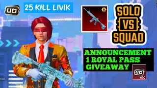 BATTLEGROUND MOBILE INDIA GAMEPLAY SOLO VS SQUAD LIVIK 25 KILL ROYAL PASS GIVEAWAY BGMI [upl. by Averil]