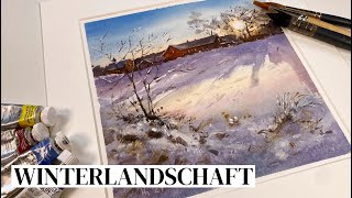 Winterlandschaft mit Bauernhof  Aquarell Tutorial [upl. by Ayrotal608]