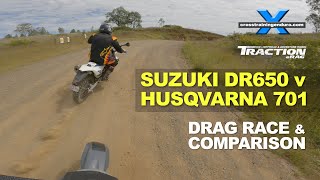 DR650 v Husqvarna 701 drag race amp comparison review︱Cross Training Adventure [upl. by Koran]