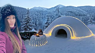 Solo overnight in Snow shelter  IGLOO Winter bushcraft camping  Survival camp [upl. by Dewees237]