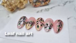 Leaves nail art designs  Foil flakes  Nail art part2  Khushis art gallery [upl. by Eppesuig]