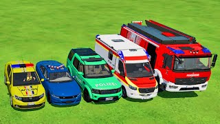 TRANSPORTING CARS AMBULANCE POLICE CARS FIRE TRUCK MONSTER TRUCK OF COLORS WITH TRUCKS  FS 22 [upl. by Lowe984]