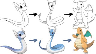 How To Draw DRATINI DRAGONAIR and DRAGONITE POKEMON  Pokemon Evolution [upl. by Hoseia]