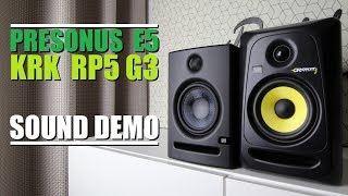 KRK Rokit 5 RP5G3 vs Presonus E5  Sound Demo w Bass Test [upl. by Amin]