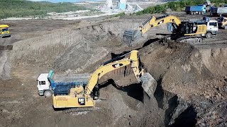 Caterpillar 385C And Caterpillar 352F Excavators Loading Trucks  Aerial Video  Ascon Ltd [upl. by Akcirehs696]