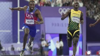 Noah Lyles wins 100m gold in photo finish separated by thousandths of a second [upl. by Aciretal]