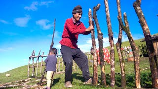 making fence around his shed with son Niyabung  shepherdlifeofnepal [upl. by Lerual]