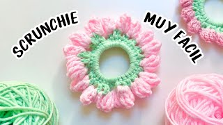 Scrunchie tulipan  Colet MUY FACIL Tutorial Hebras Crochet [upl. by Tcideneb]