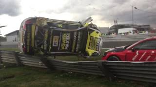 BTCC Start line crash takes out cameraman at Snetterton race circuit 3172016 [upl. by Leimaj10]