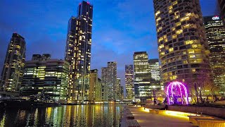 4K London Walk  Canary Wharf at Night  Harbour Quay  Crossrail Place [upl. by Allehcram]