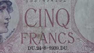 5 Cinq Francs  Old money bamnknote of the Banque de France from 1939 [upl. by Dorsman]