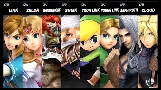 Link VS Zelda VS Ganondorf VS Sheik VS Toon Link VS Young Link VS Sephiroth VS Cloud Smash Ultimate [upl. by Akenot]