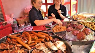 Street Food in Gdansk Poland Huge Sausages Pork Knuckles Langos Stuffed Wrap and more [upl. by Enavi]