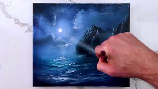 Silent Night  Ocean Waves and tall mountains touched by the moonlight  Acrylics [upl. by Tavish]