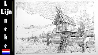 Hoe teken je een vogel huisje Staedler fineliner inkt tekening [upl. by Ludwig237]