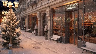 Nightly Snow on Street at Coffee Shop Ambience with Relaxing Smooth Jazz Music and Snowflakes [upl. by Sharla]