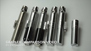 KR Sabers Graflex 3 Cell Lightsaber Comparison Video JQMakerProp Roman Props and 89Sabers [upl. by Nynahs]