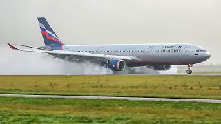 4K Spray action Aeroflot A330 amp 777 landing and takeoff at Amsterdam airport Schiphol [upl. by Anomer]