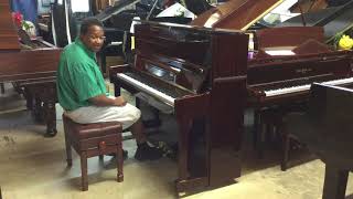 Kris Nicholson demonstrates a brand new mahogany high polish Palatino UP123 Studio upright piano [upl. by Prasad604]