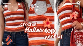 Crochet striped halter top tutorial 🧶 [upl. by Azmuh]