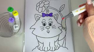 Colour with me  Cute Cat  Colouring page  Art markers [upl. by Daniela192]