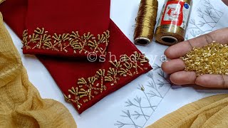 Hand embroidery golden colour thread work for blouse kurti sleevessimple embroidery design [upl. by Ahsenyt798]