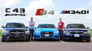 2020 BMW M340i vs Audi S4 vs Mercedes C43 AMG  Performance Sedan FaceOff [upl. by Latimore838]