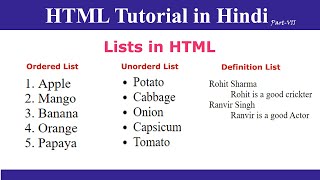 HTML Lists in Hindi  Ordered List  Unordered List  Definition List [upl. by Haela]