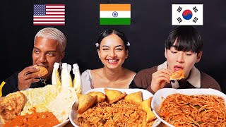 American and Korean Tries INDIAN FOOD For The First Time SAMOSABIRYANICURRYNAAN ASMR MUKBANG [upl. by Rephotsirhc611]