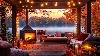 Autumn Cabin Ambience 🍁 Soothing Jazz and Fireplace Sounds in the Fall Porch [upl. by Lillywhite]