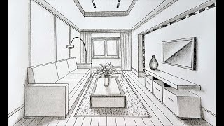 How to draw a living room in one point perspective [upl. by Aisined]