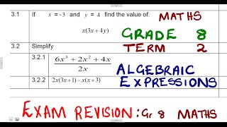 Mathematics Grade 8 Algebraic expressions Revision Exam mathszoneafricanmotives mathswithadmirelightone [upl. by Burt]