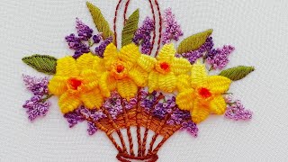 Flower Embroidery Basket with flowers Daffodils [upl. by Gnouh]